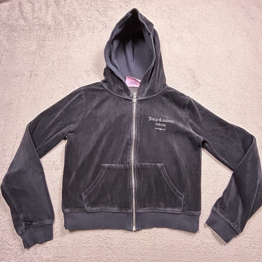 Juicy Couture x F21 Velour Hoodie Womens S Black Rhinestone Y2K